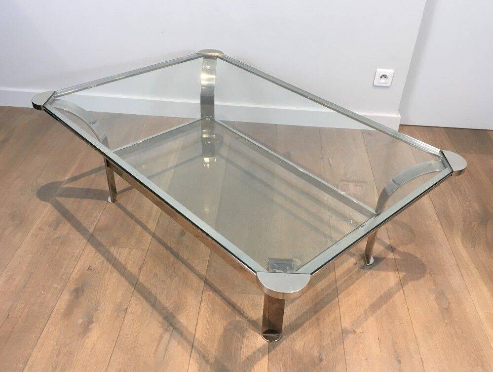 Large designer coffee table in chrome with glass tops