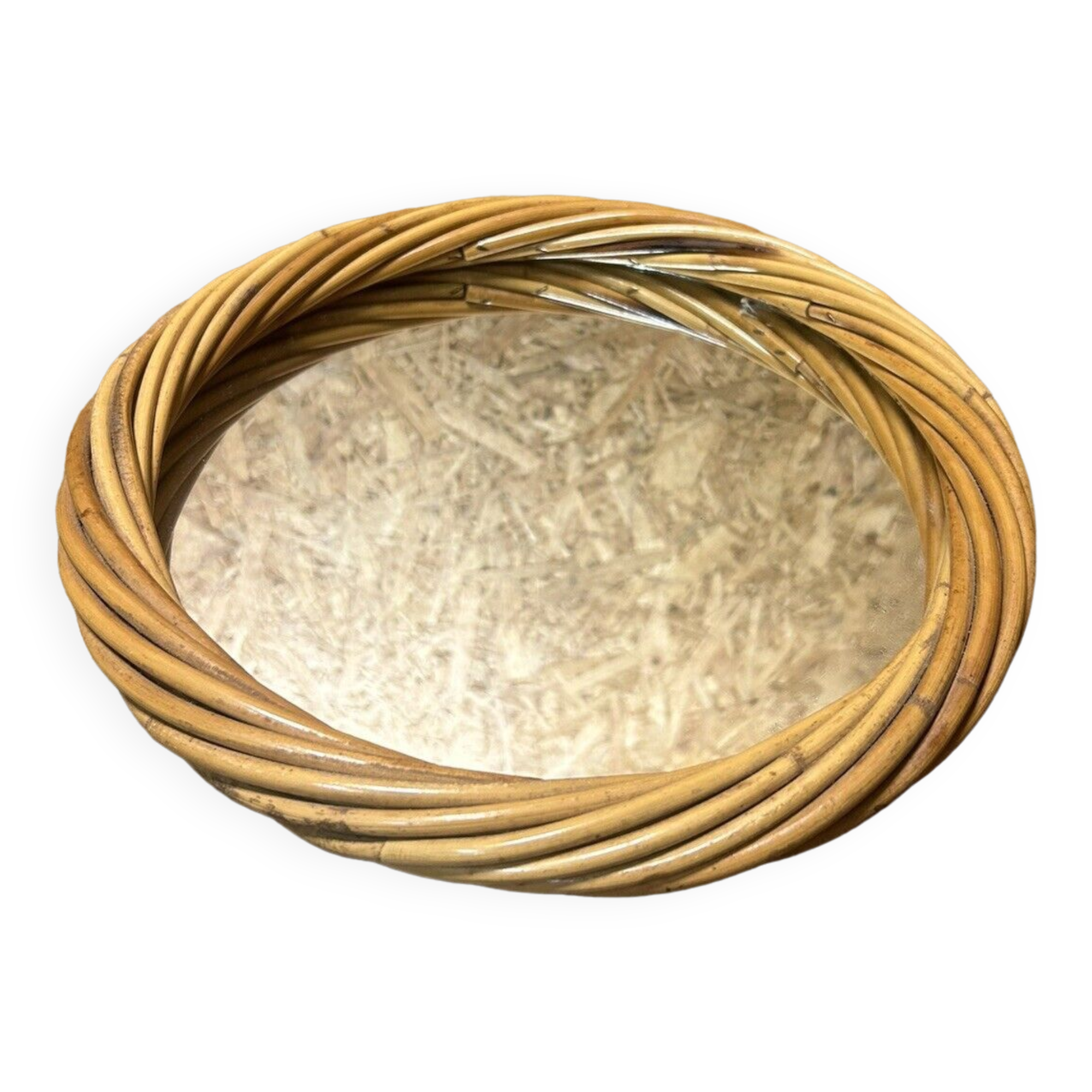 Old vintage rattan round mirror, 70s, pop decoration
