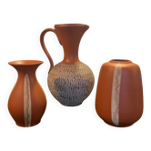 Series of 3 vintage chiseled terracotta vases