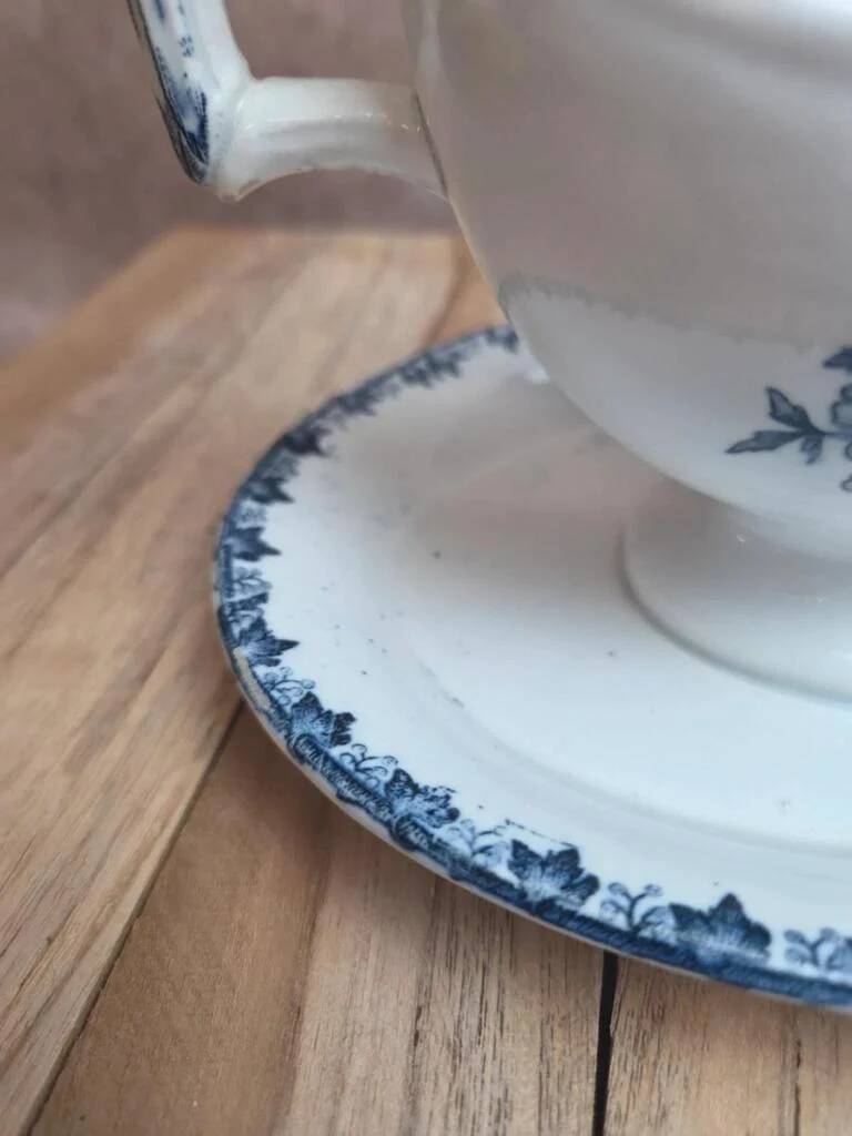 Antique sauce boat Sarreguemines bamboo shape – unlisted blue decoration – ironstone