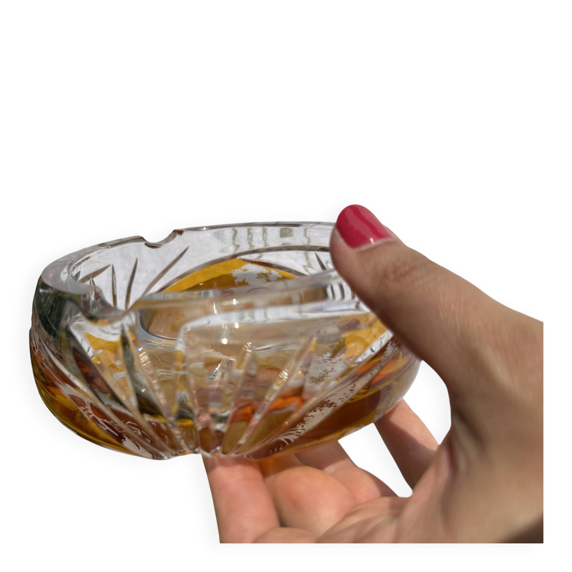 Magnificent Vintage Bohemian Ashtray in Cut Crystal of Yellow Orange