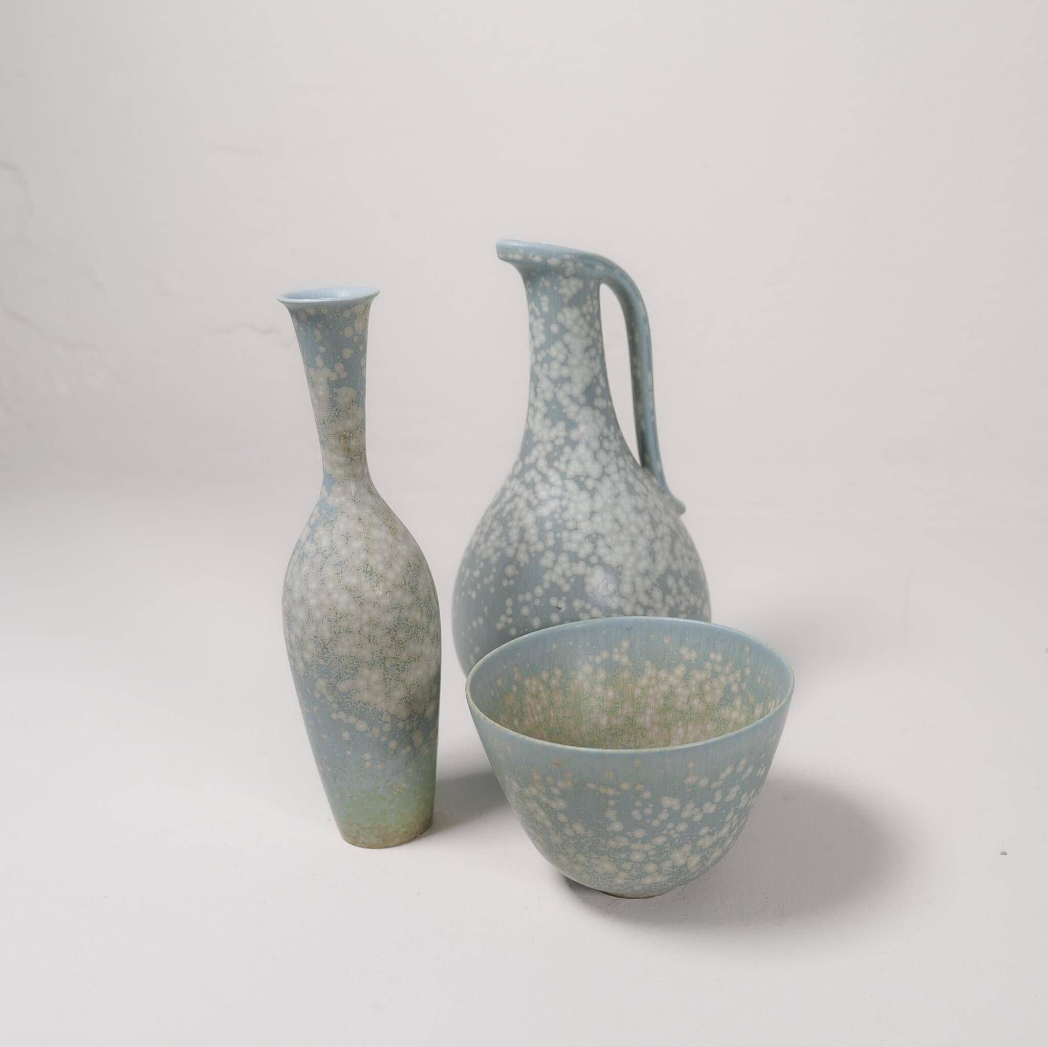 Mid-century modern three-piece ceramic set by Rörstrand, Gunnar Nylund, Sweden, 1950s.