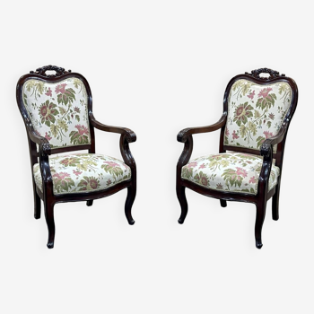 Pair of Napoleon III period armchairs, late 19th century, in mahogany