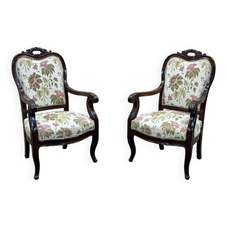 Pair of Napoleon III period armchairs, late 19th century, in mahogany