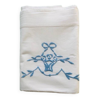 Hand embroidered sheet blue flower basket 265x210