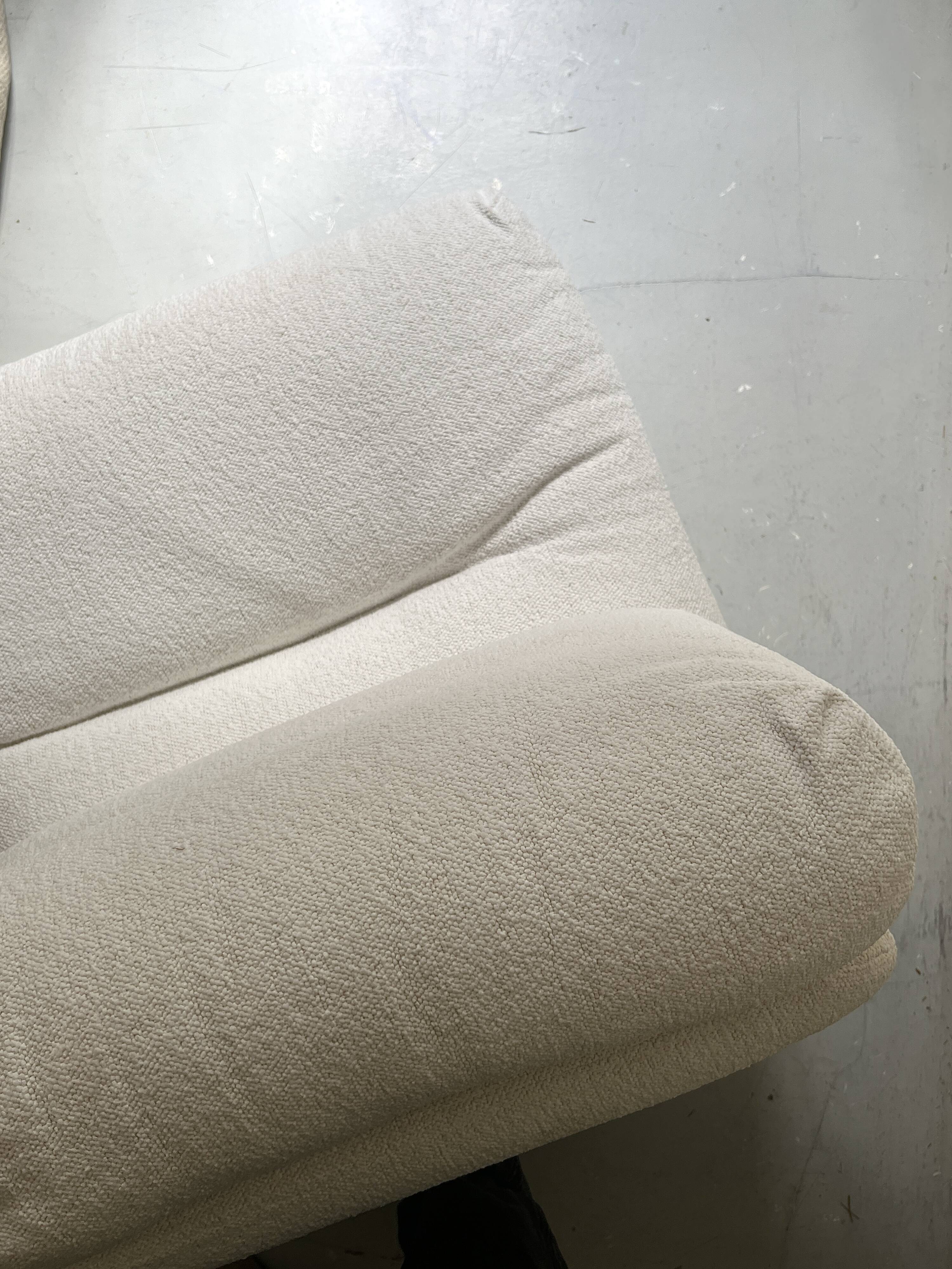 Italian off-white chenille armchair with a wooden base, 1970s design.