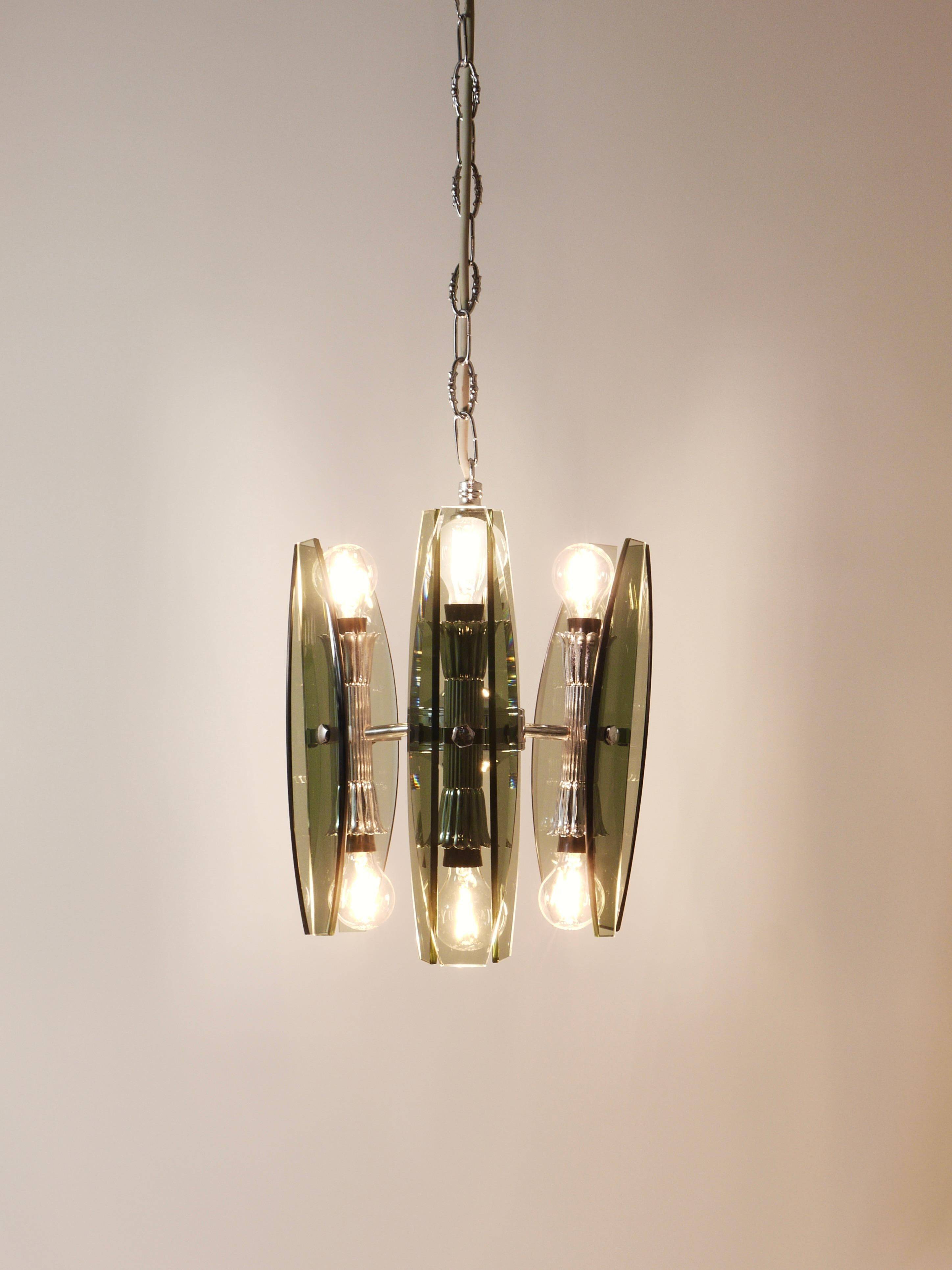Glass and chrome suspension light in Fontana Arte style by Veca Murano, Italy.