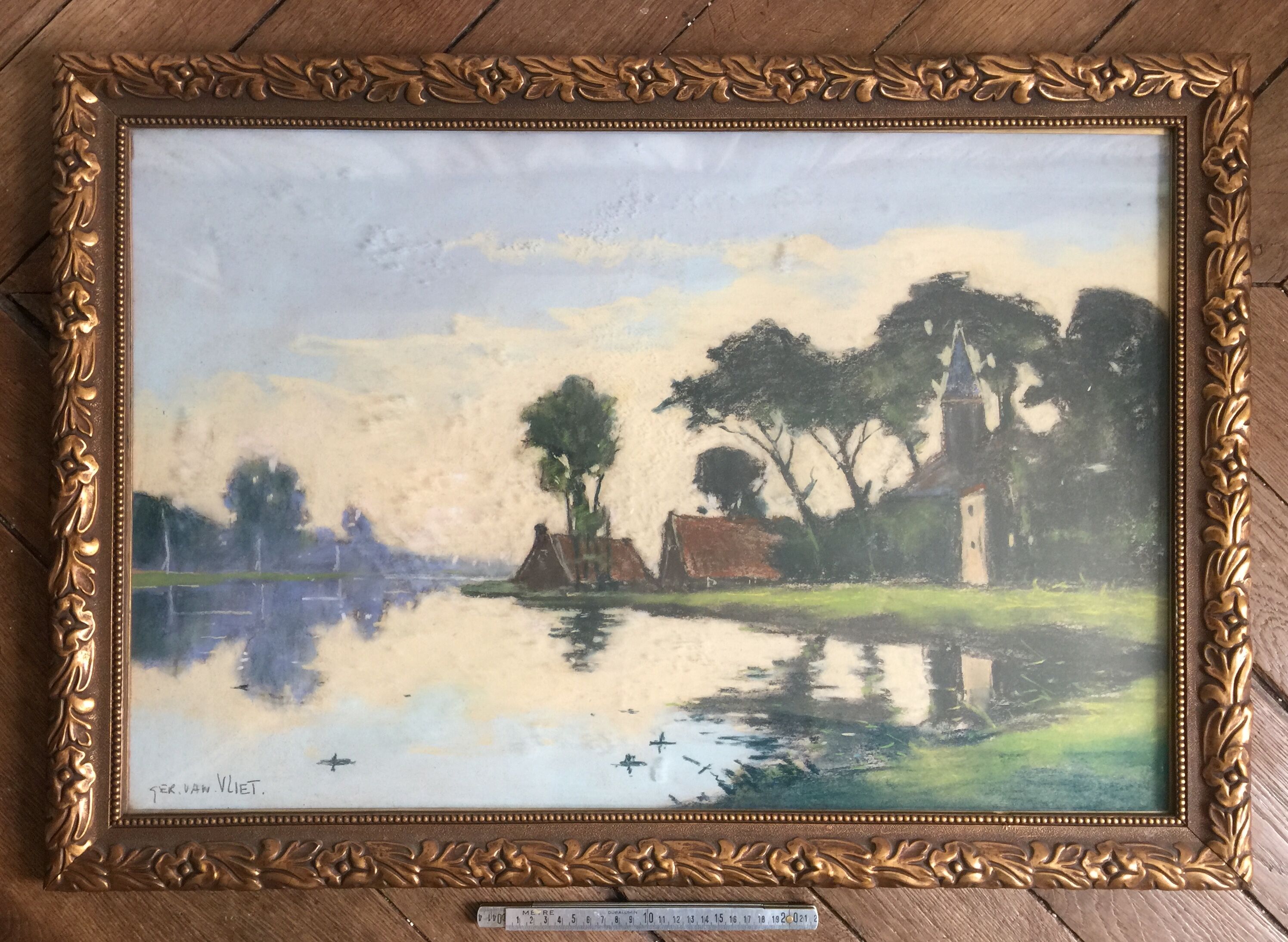 "calm water in holland": large pastel signed "ger van vliet"