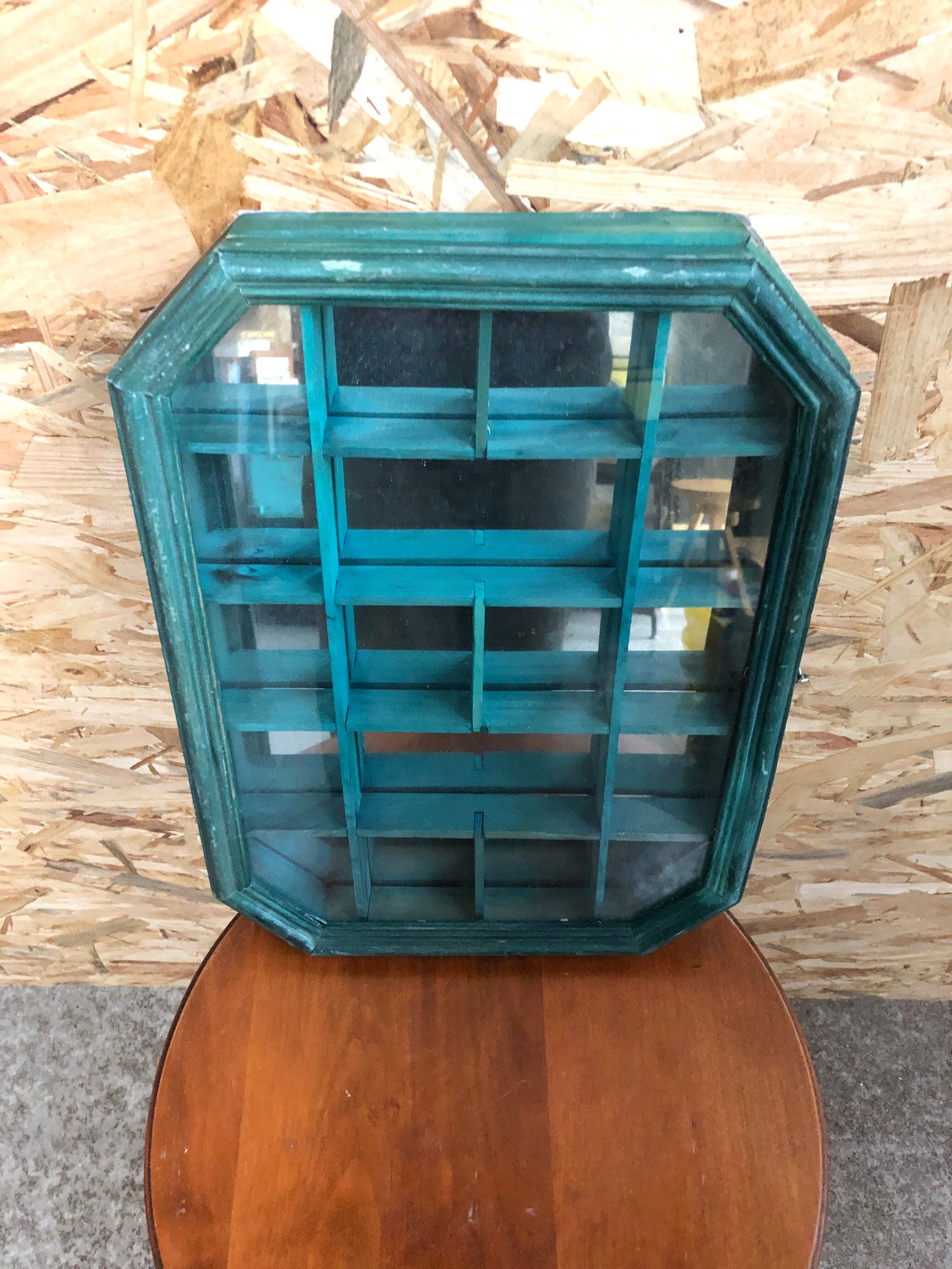 Old hanging showcase 18 green wood boxes + mirror + vintage glass door
