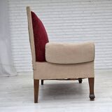 Canapé-lit danois des années 1950, laine d'ameublement rouge/beige, pieds en bois de frêne.