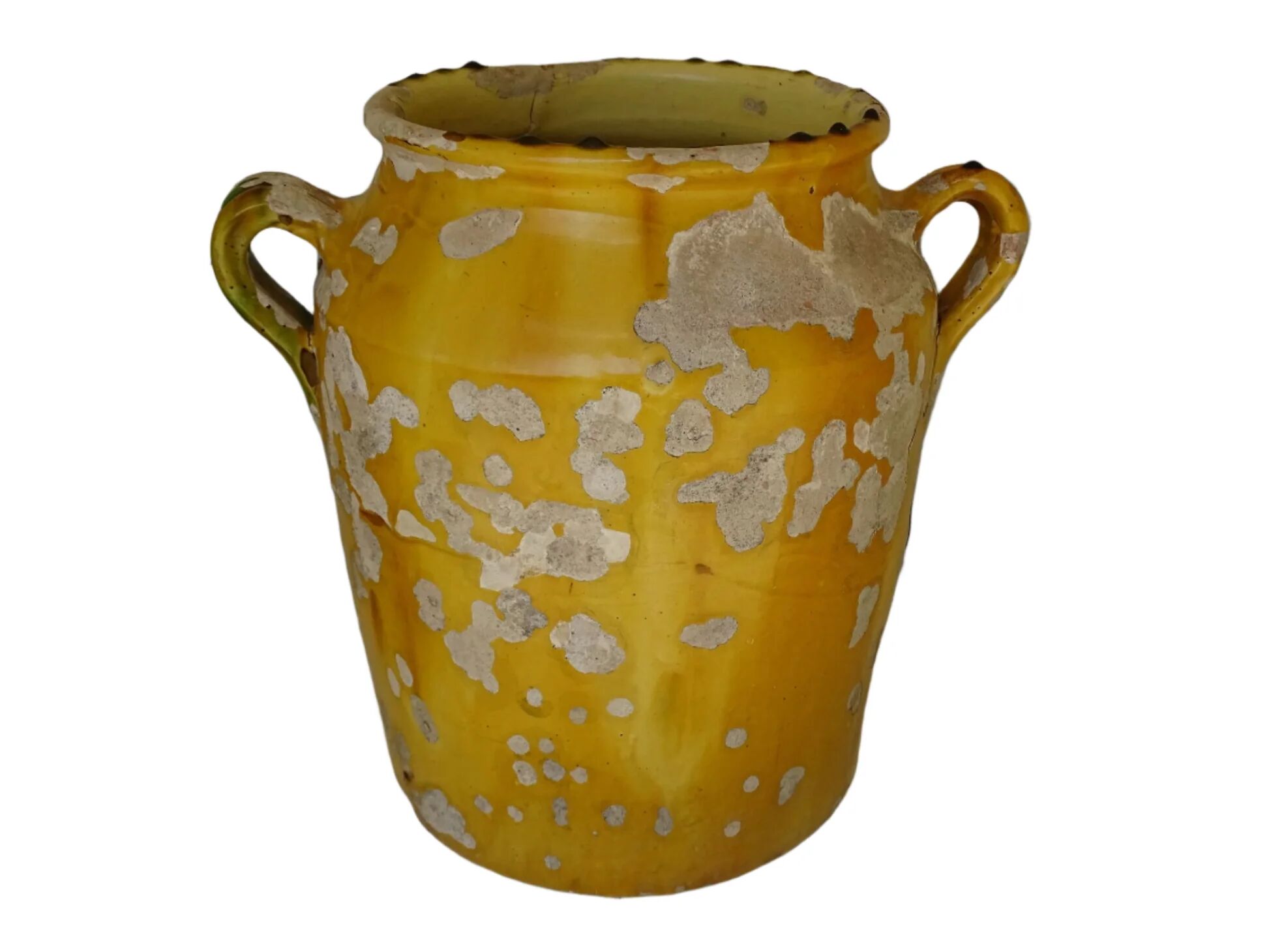 Grande vinaigrette ancienne française à glaçure jaune et verte à motif de pot à confit