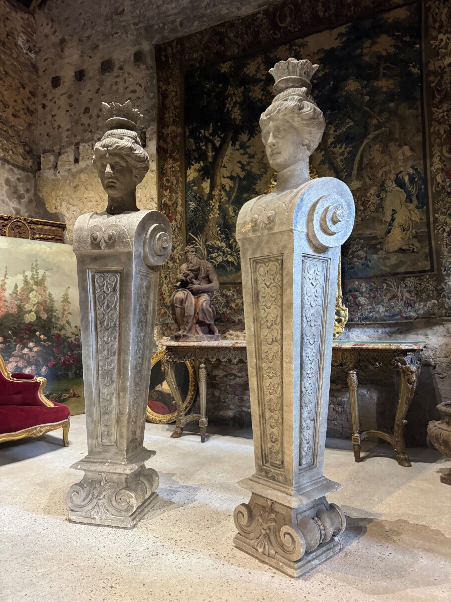 Pair of monumental patinated plaster terms from the early 20th century.