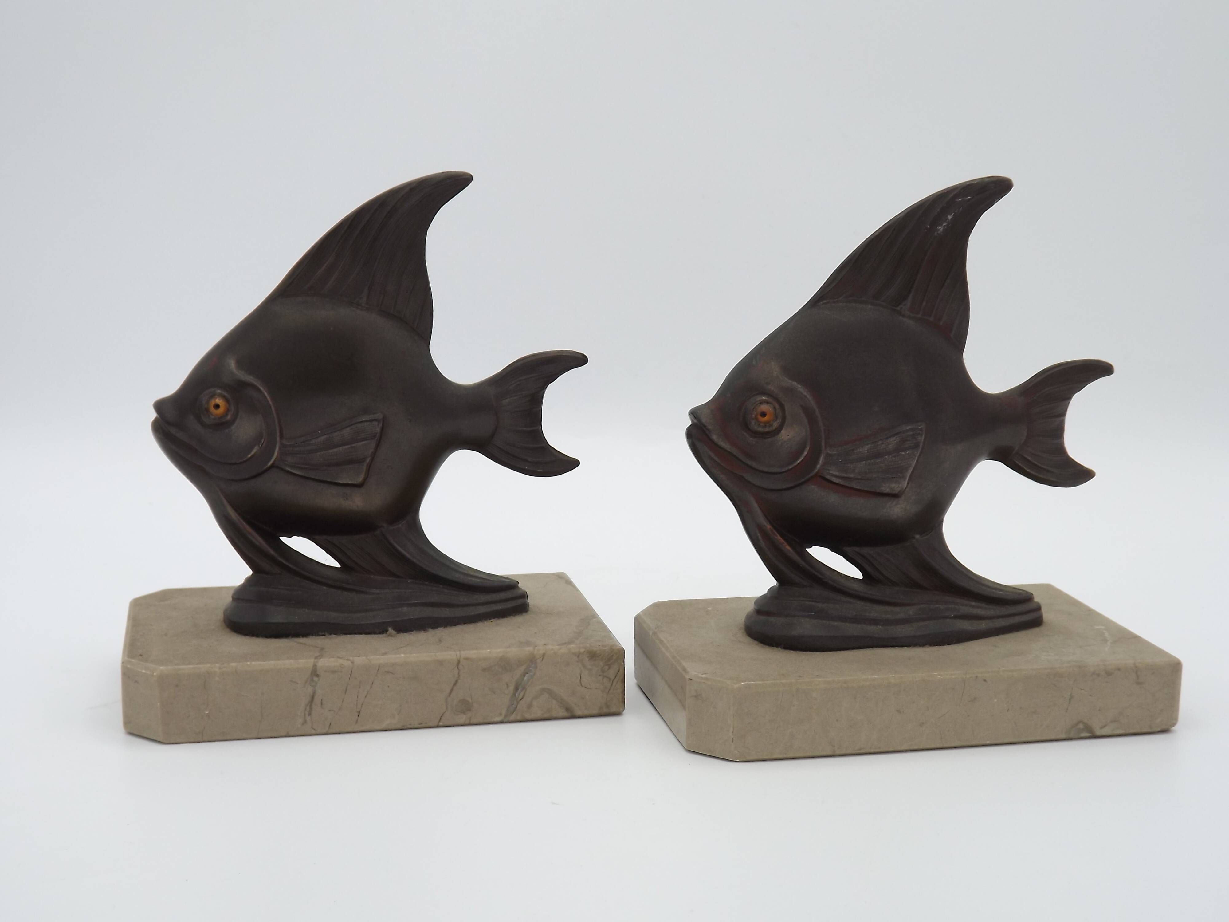 Vintage French Art Deco Fish Book Ends - Marble and Spelter Bookends