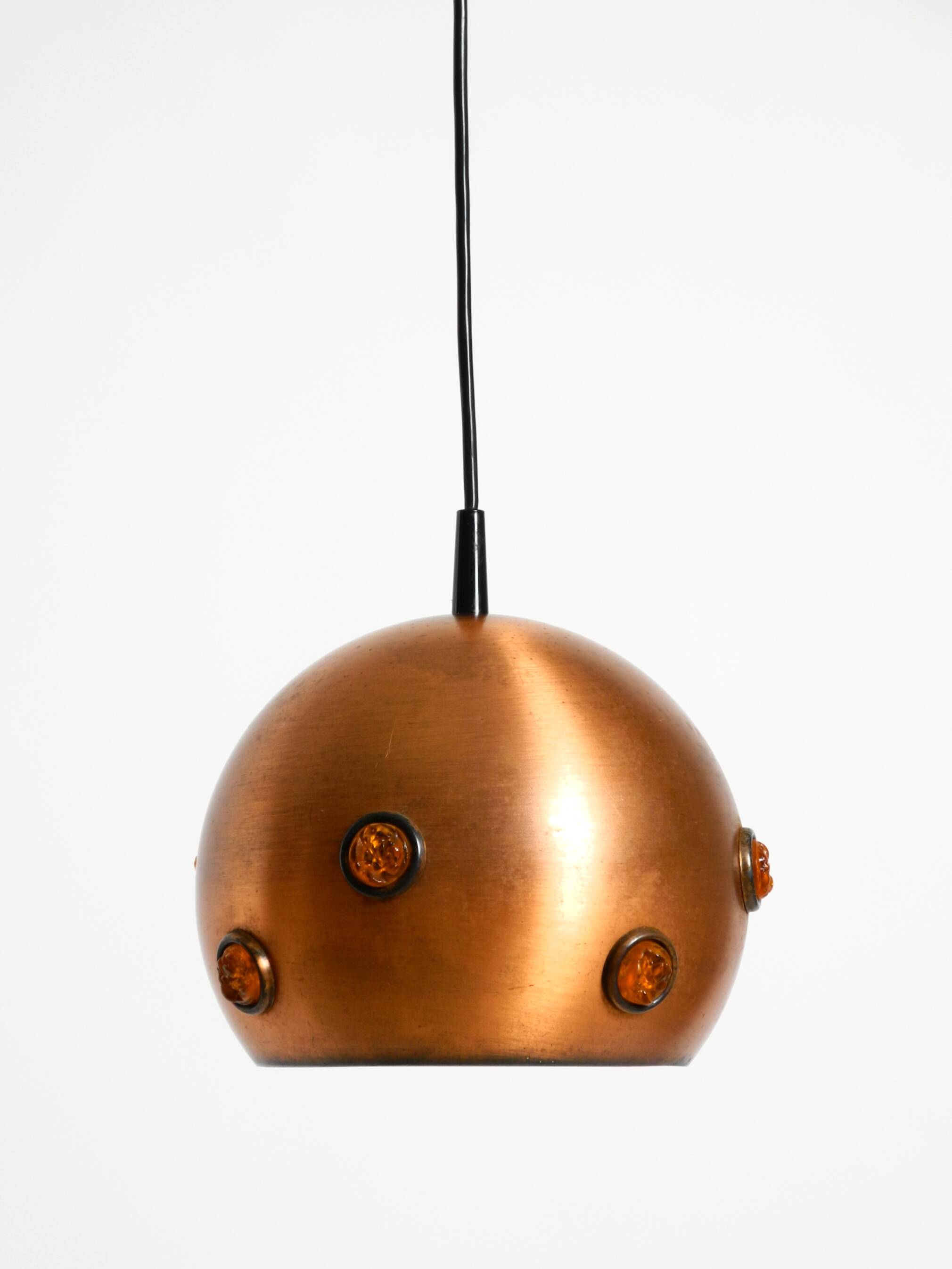 Original 1960s solid copper pendant lamp with orange synthetic glass stones