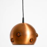 Original 1960s solid copper pendant lamp with orange synthetic glass stones