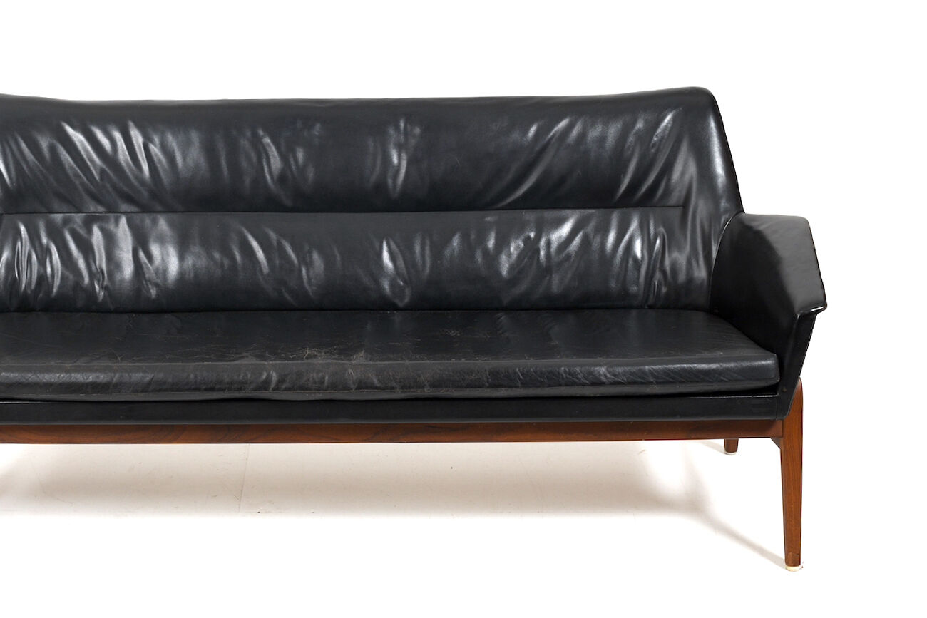 1950s Leather and Teak Wing Sofa by Ib Kofod-Larsen