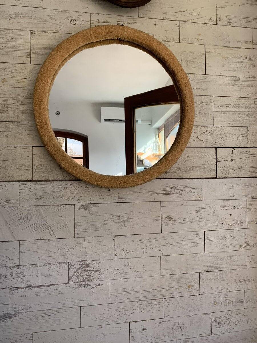 Vintage 1950s round wall mirror, wooden frame and mirror, yellow finish.