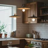 Triple industrial style pendant light with enamelled sheet metal and porcelain sockets