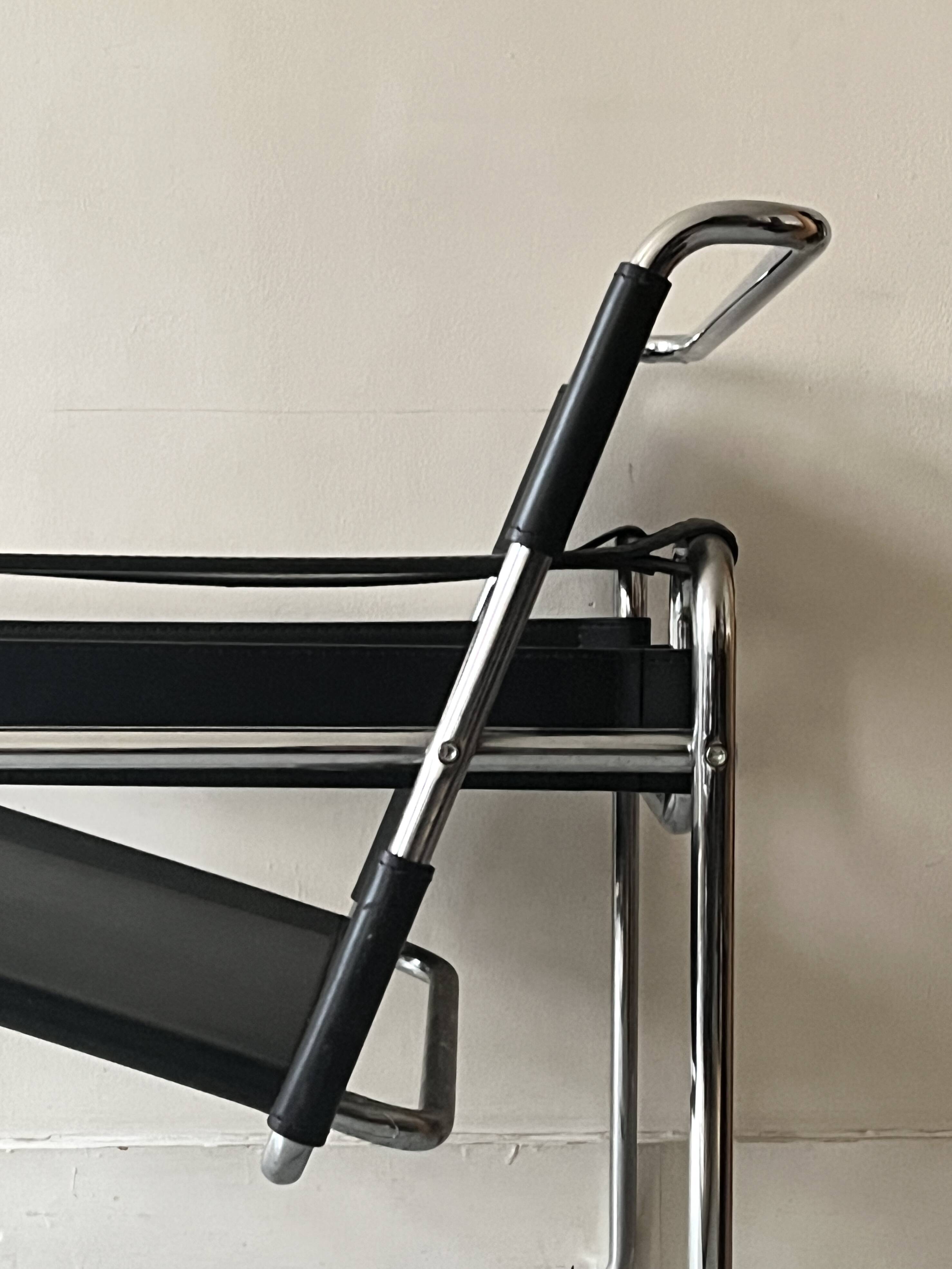 Wassily tubular armchair in chrome & black leather, designed by Marcel Breuer in 1970.