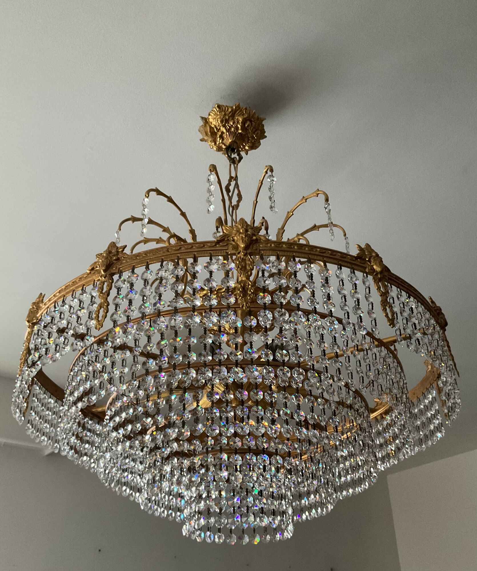 Old bronze waterfall chandelier with crystal tassels