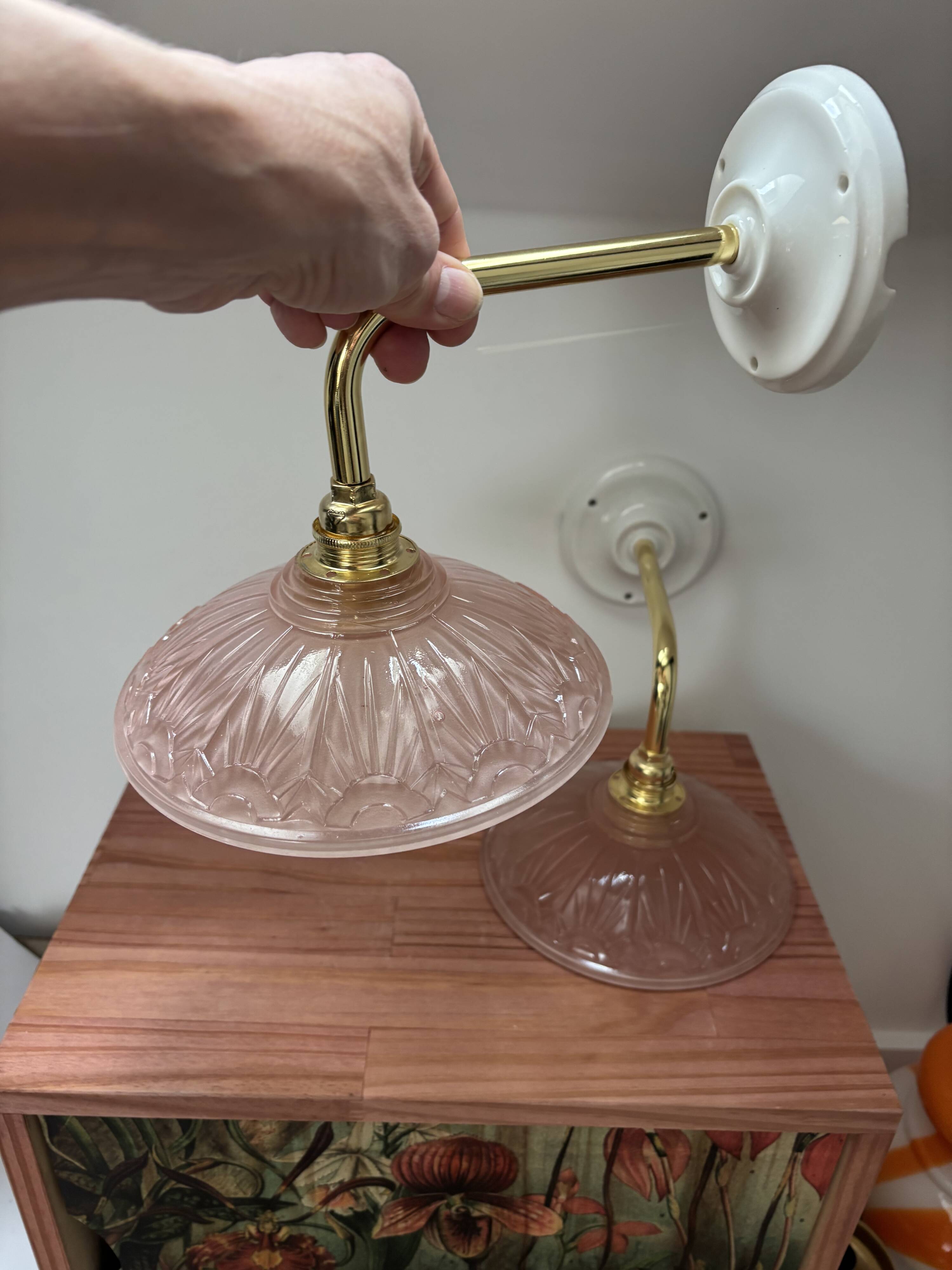 Vintage pink Art Deco glass wall lights