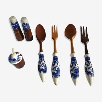 Salad set vintage 1970 wood and porcelain Japanese scenes