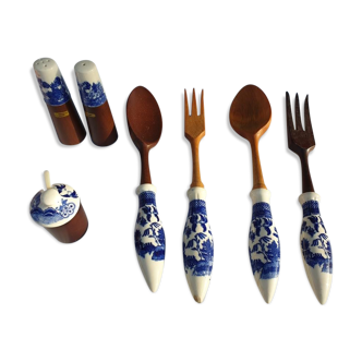 Salad set vintage 1970 wood and porcelain Japanese scenes