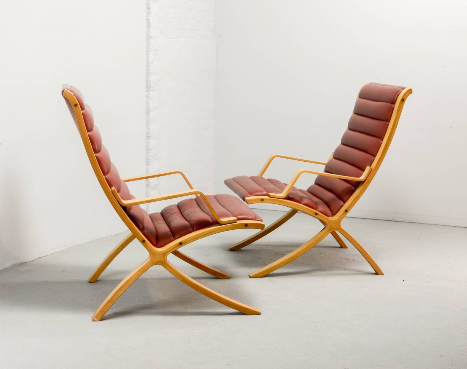 Padded Red Leather High Back AX Lounge Chairs by Hvidt and Molgaard Nielsen