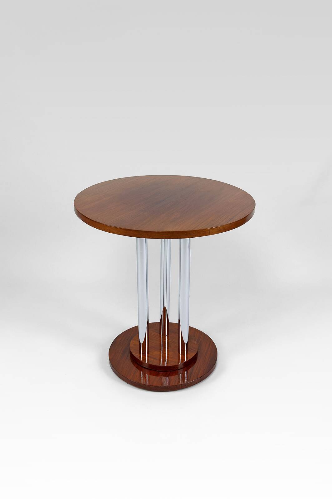 Modernist Art Deco pedestal table in walnut and chrome, France, Circa 1930