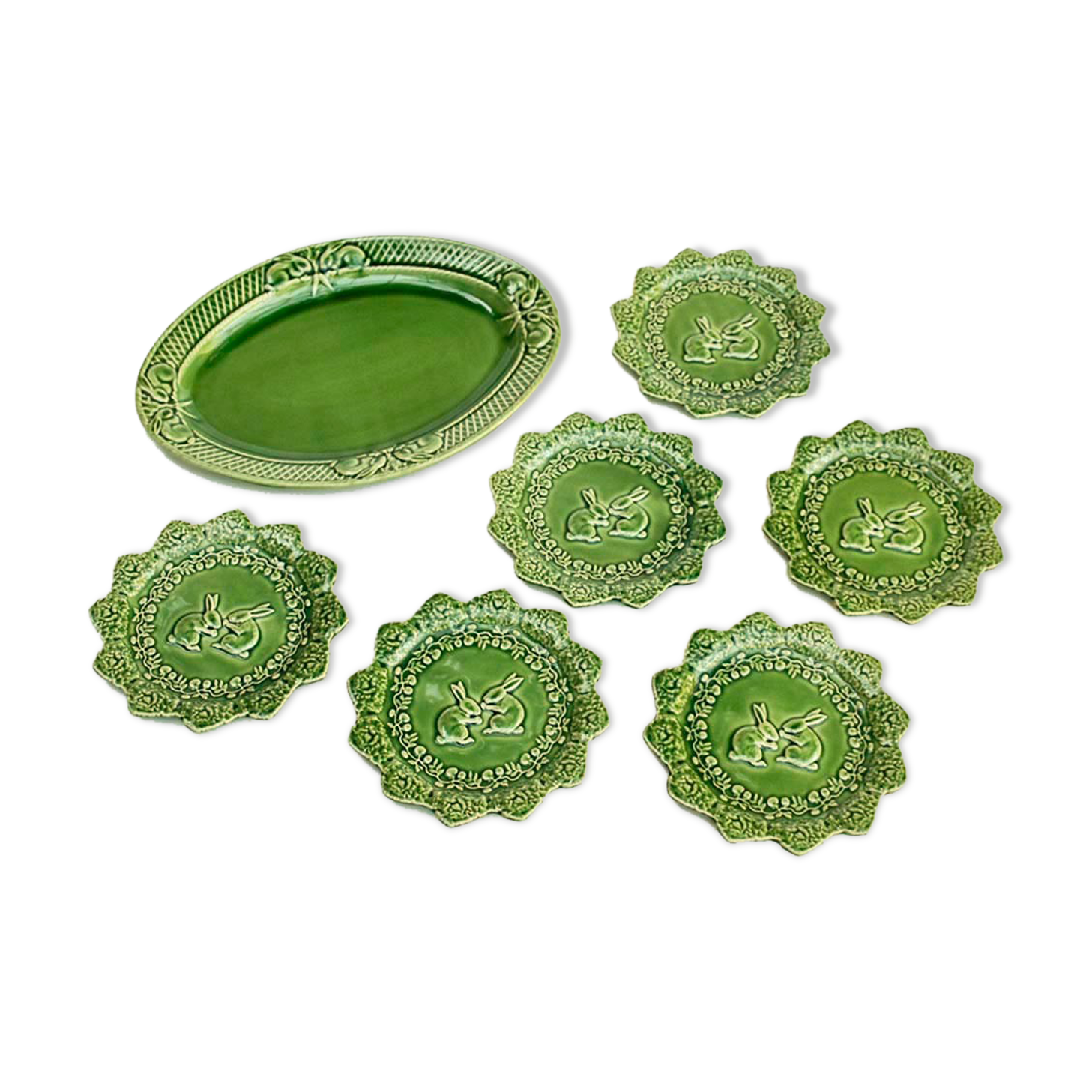 Lot service 6 dessert plates and 1 green dish Bordallo Pinheiro Portugal rabbit rabbit vintage