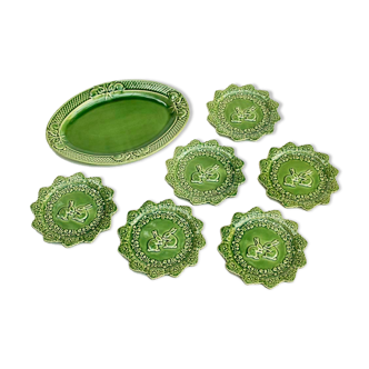 Lot service 6 assiettes dessert et 1 plat vert Bordallo Pinheiro Portugal lapin rabbit vintage