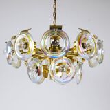 Large brass chandelier by Oscar Torlasco, rainbow optical glass rings, Italy, 1970s.