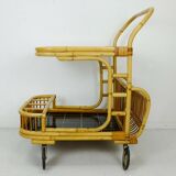 1950s mid century trolley serving cart bamboo wicker black formica
