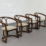 Round Oak Dining Table and Rattan Armchairs, Set of 5