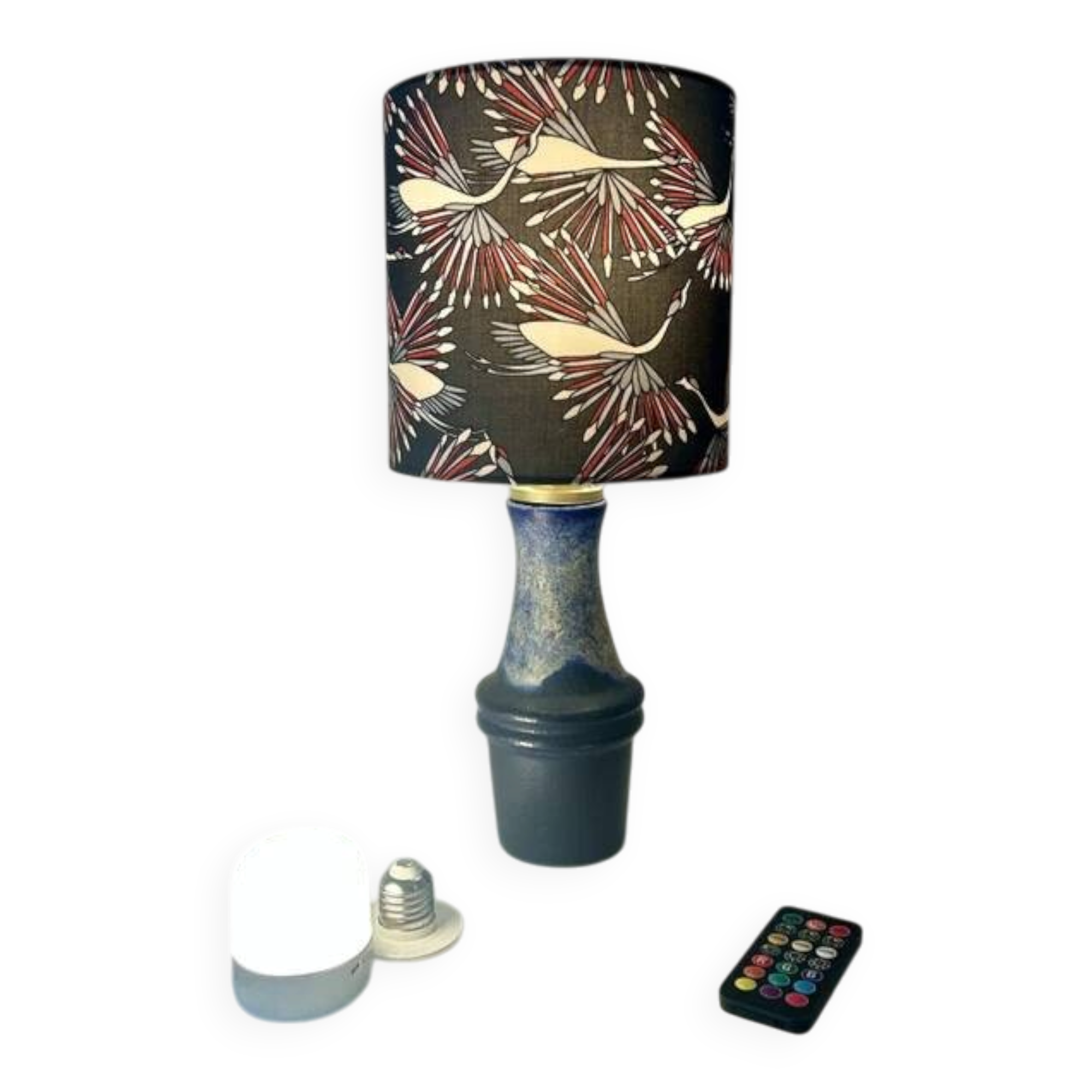Atmospheric table lamp with crane motif shade made from Scheurich vase.