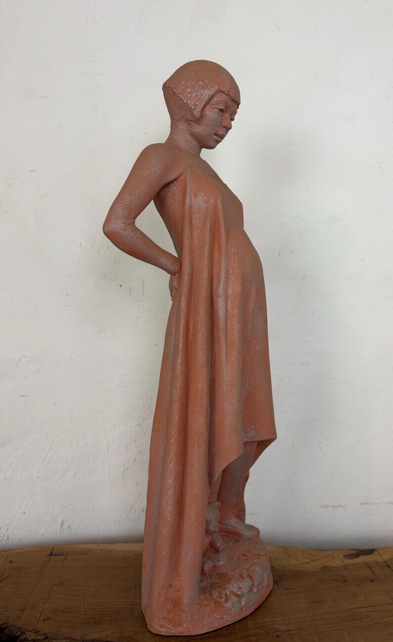 Vintage Terracotta Pregnant Woman Sculpture – Mid-Century Style Maternity Art Figurine