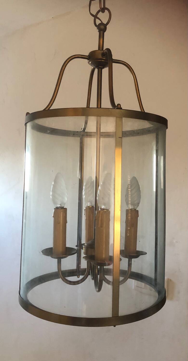 Large round lantern pendant in brass and glass