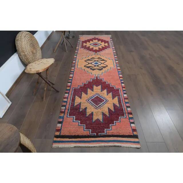 1970s Vintage Turkish Oushak Handmade Wool Cotton Pink Runner Rug 90x317