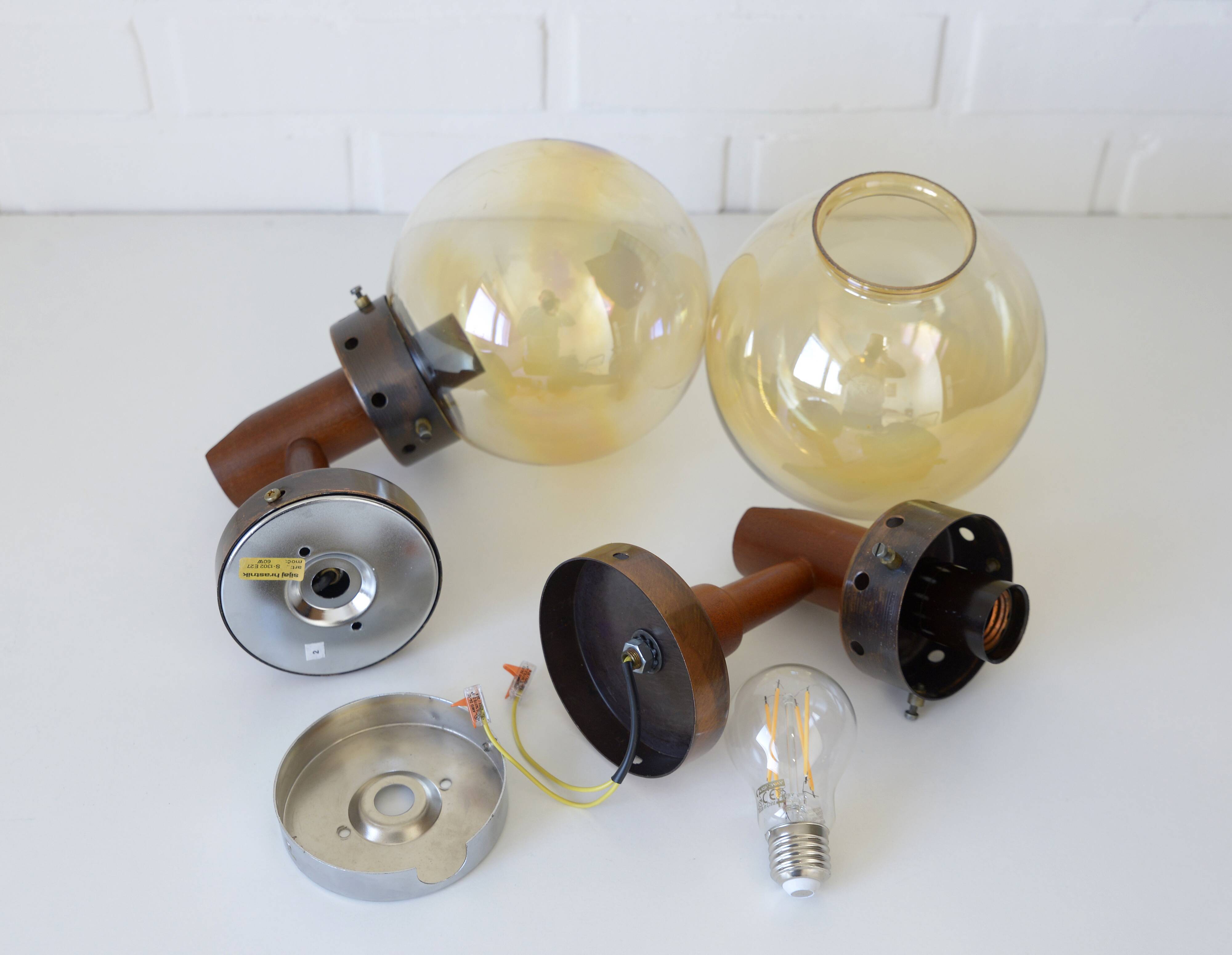 1 of 6 vintage wall lamps, rustic sconces, wood and copper amber glass 1980