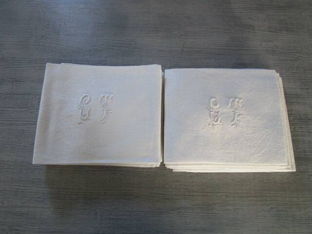 12 large antique damask table napkins, monogrammed