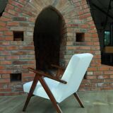 Vintage armchair mid century modern design white boucle dark walnut wood colour 1970 restored chair