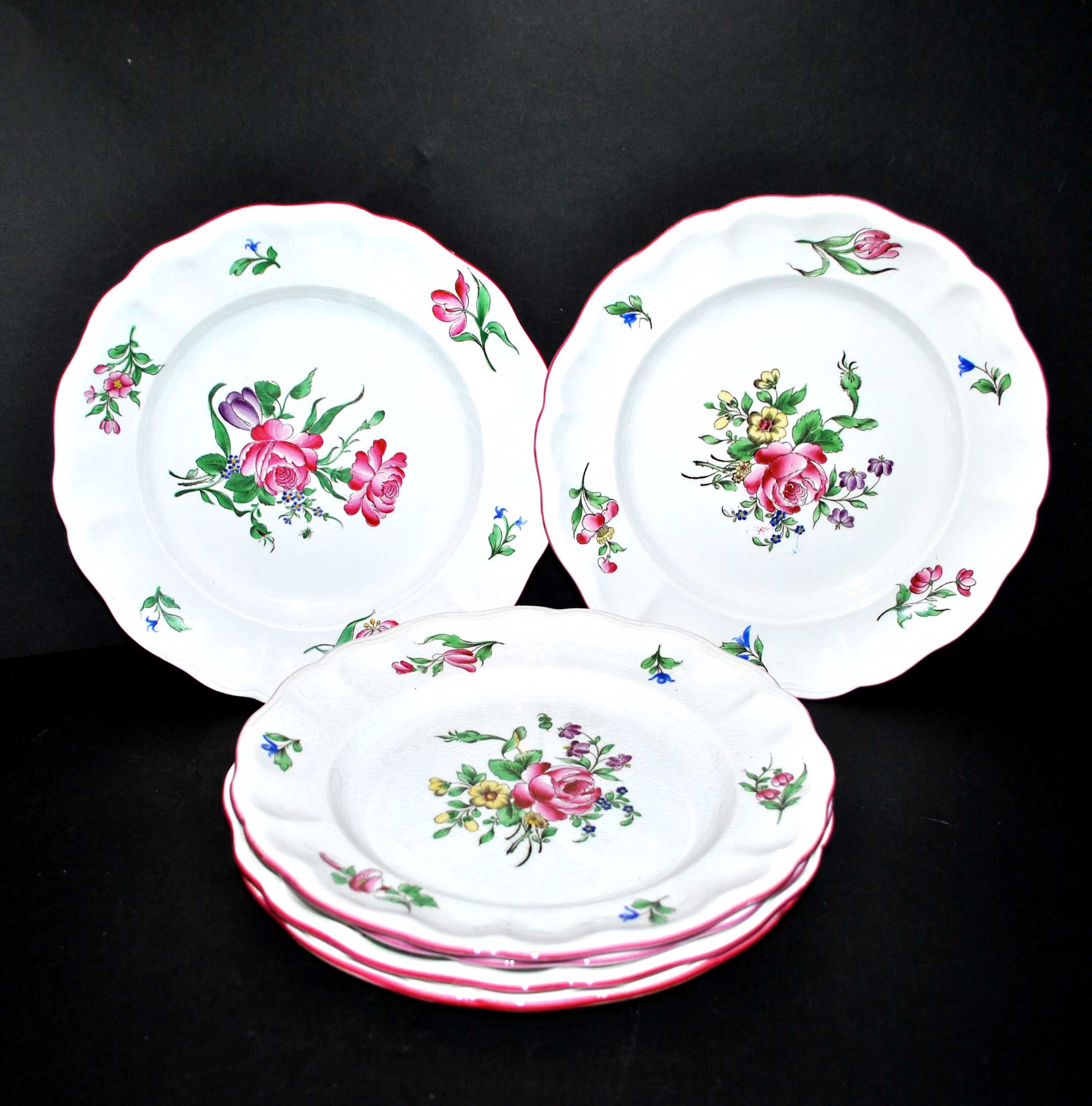 Set of 6 flat plates in Lunéville earthenware - Lamppost model with painted roses