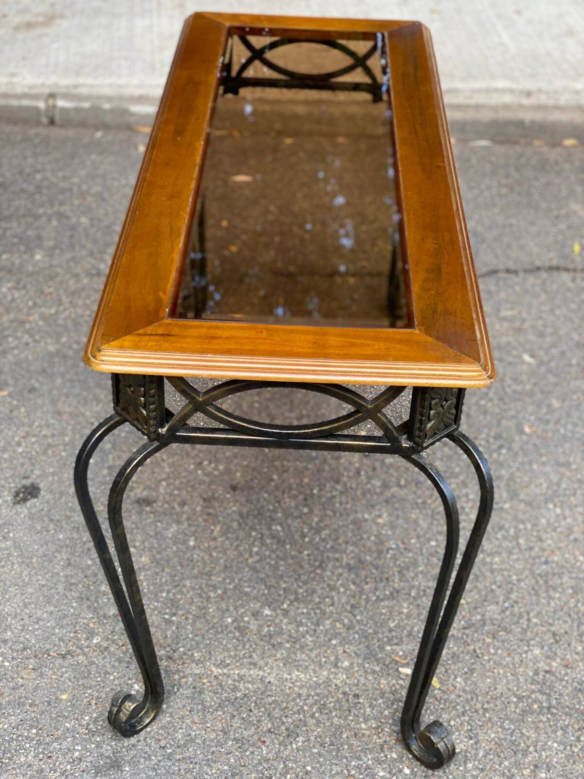Neo-classical entrance console in wrought iron and solid oak H70 cm 1970
