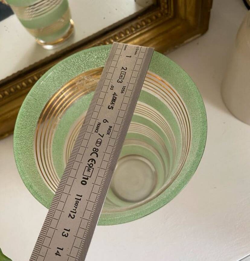 Vintage 1950s Art Deco vase in green granite glass with gold trim