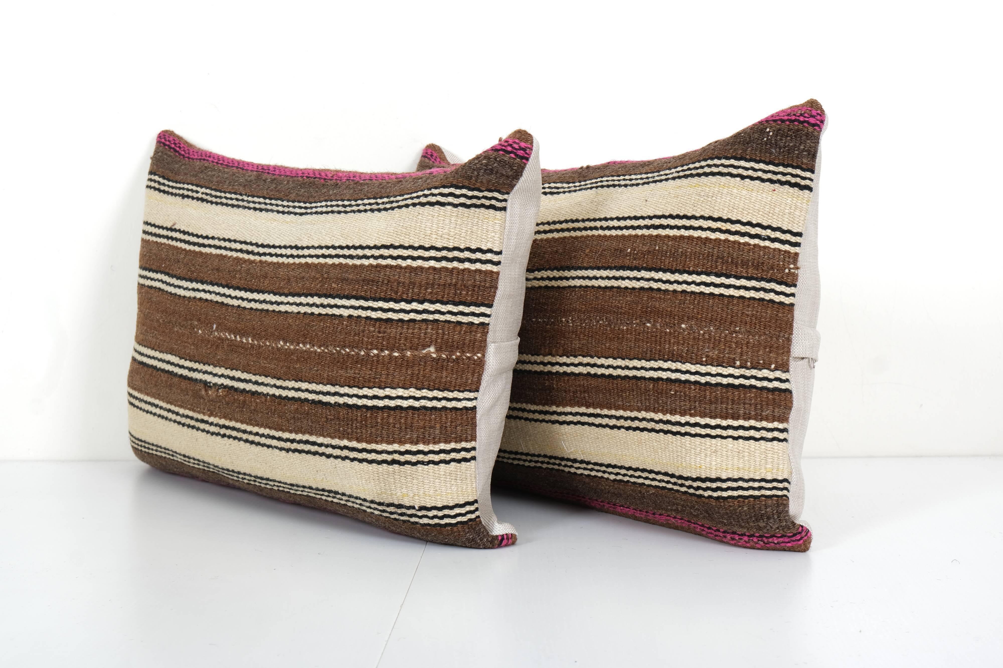 Kilim pillow cases made from a vintage anatolian handwoven textile - matching oblong lumbar brown