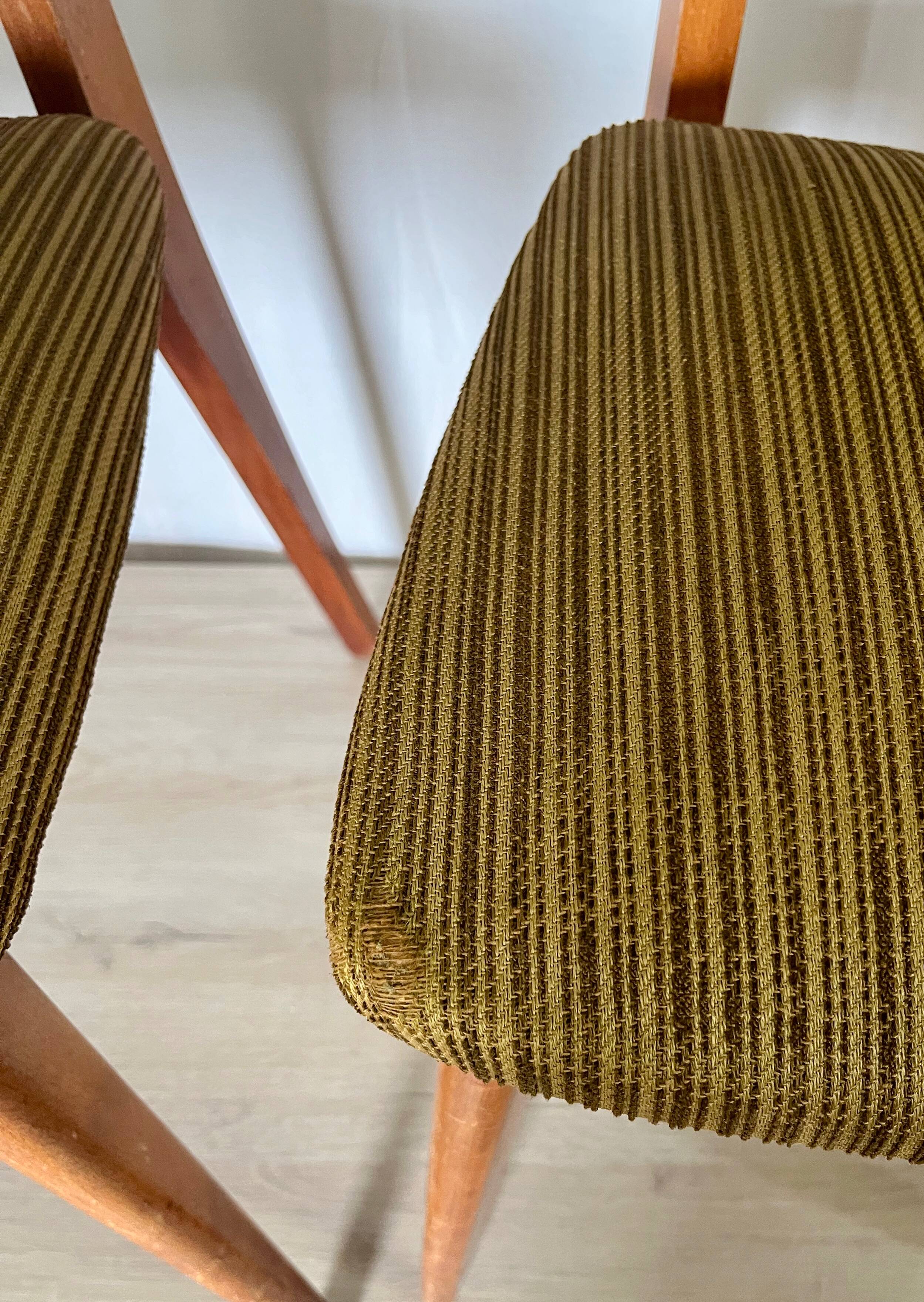 Pair of vintage chairs, in wood & green fabricpair of vintage chairs, in