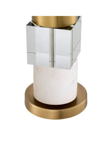 Pair of table lamps in patinated brass, white marble and crystal.