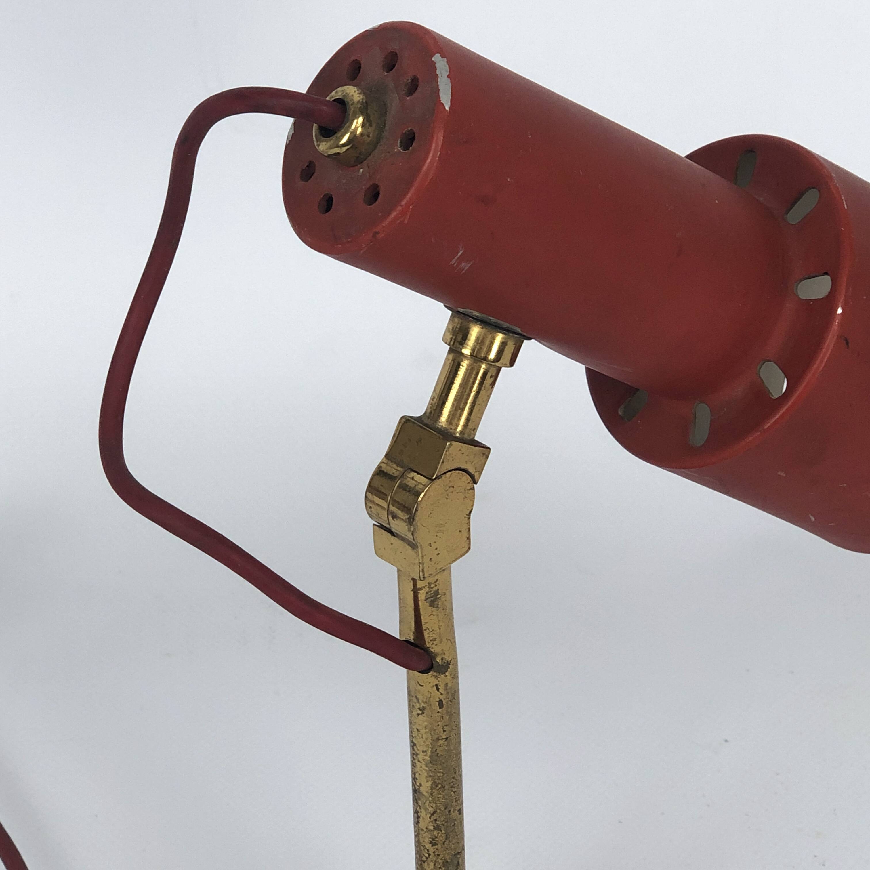 Stilnovo, vintage red brass table lamp from 50s