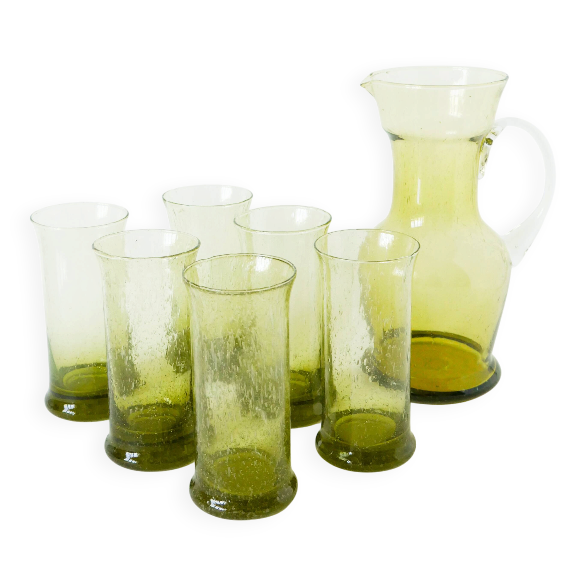 Service à orangeade en verre bullé de Biot, Long Drink, vert, 1960