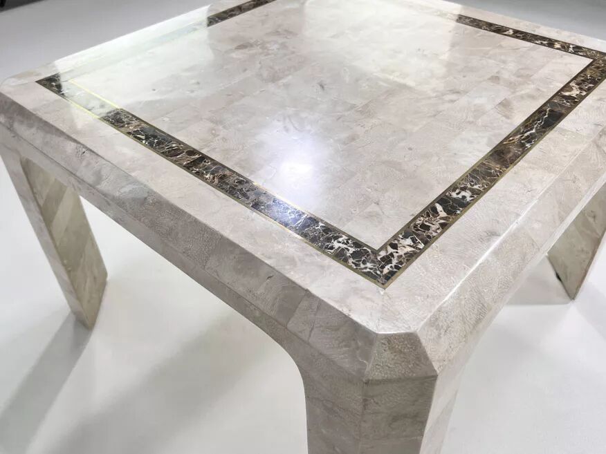 1970s-80s coffee table in stone marquetry and brass.